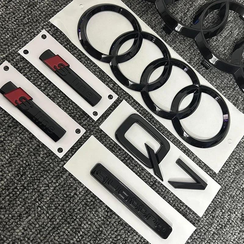 A Q7 4Ring logo ABS Black Car Hood Front Grill Emblem Rear Trunk Badge Sticker Q7 Mark Quarrto Sline Emblem For Q7 2016-2023