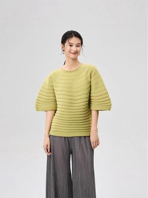 Nordischer Stil Damen Pilz Strickwaren Plissee Rundhals Kurzarm Top