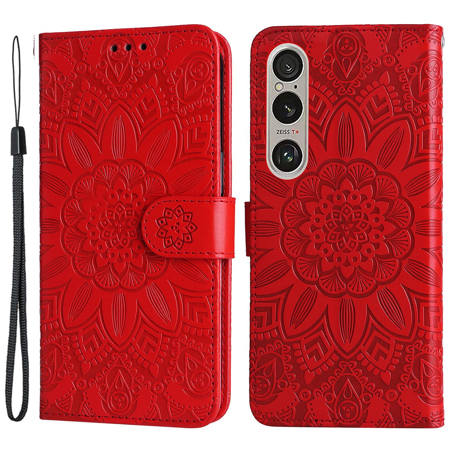 

For Sony Xperia 1 VI Shockproof Phone Cover Wallet Stand PU Leather Phone Case with Imprinted Sunflower Red