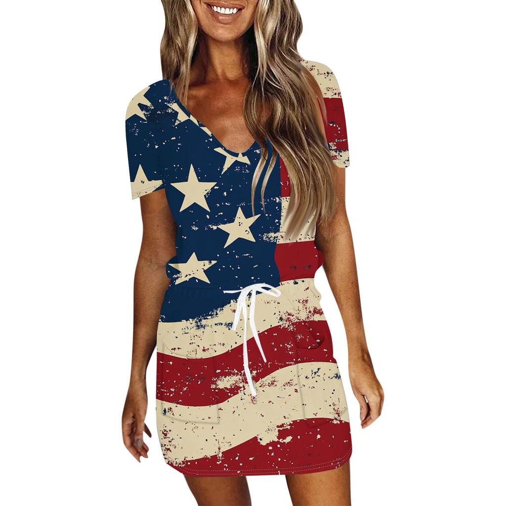 Damskie Casualowe Sukienki z Dekoltem V, Krótkim Rękawem, Sznurkiem i Nadrukiem na Dzień Niepodległości