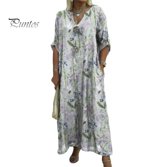 Herbst Sommer Damen Kleid Blumendruck Locker Neunte Ärmel mit Manschettenknöpfen V-Ausschnitt Seitentaschen Täglich Langes Kleid Lässiges Maxikleid