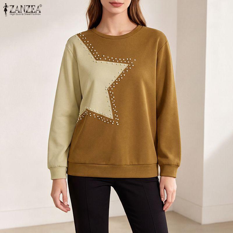 ZANZEA Women Casual Round Neck Patchwork Long Sleeve Pullover T-Shirts