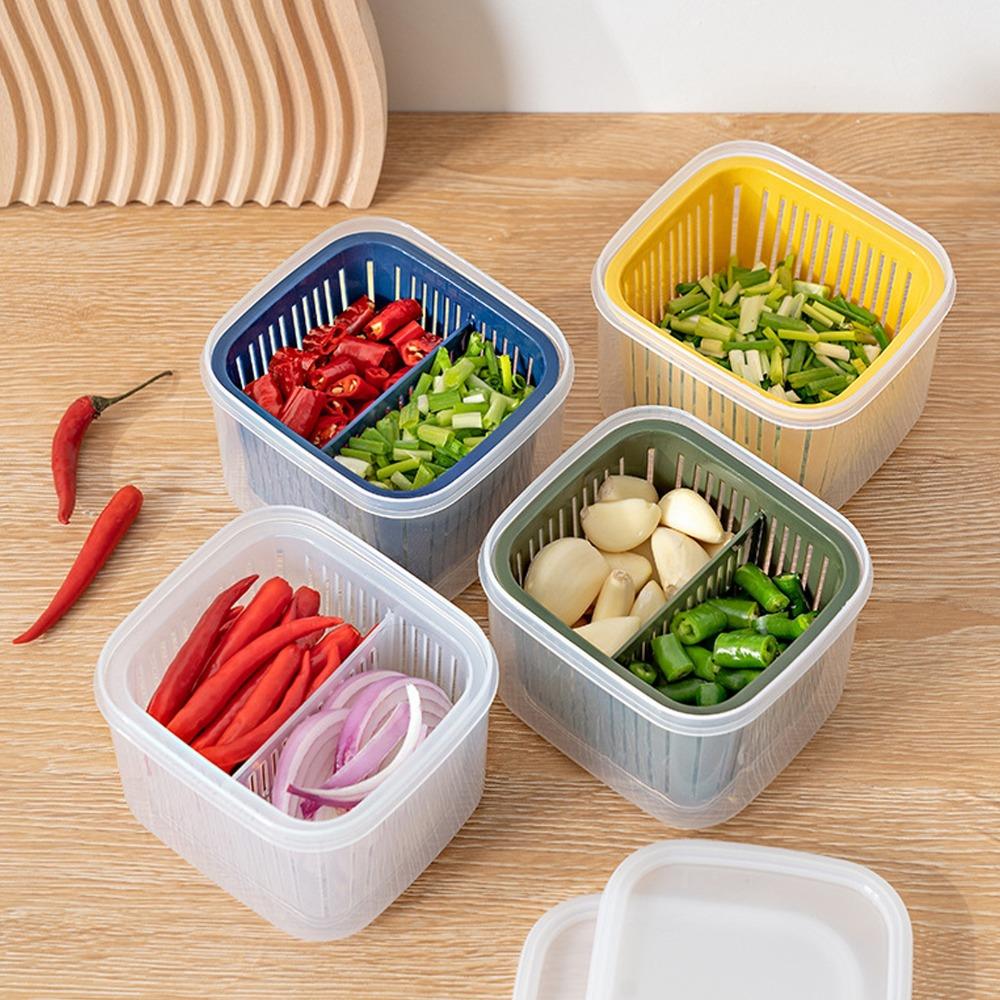 2PCS PP Vegetable Fruit Storage Container 2 Compartments Fridge Storage Organizer  Home Storage