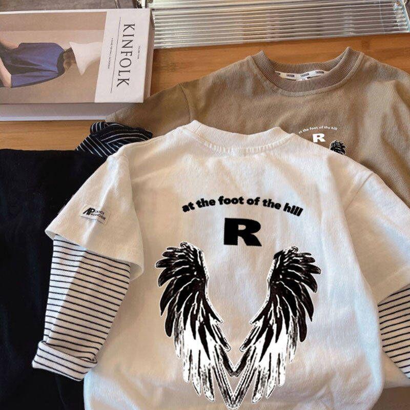 Boys Cotton Fake Two Piece Long Sleeve T Shirt Spring Autumn Kids Stylish Base Layer Top 80