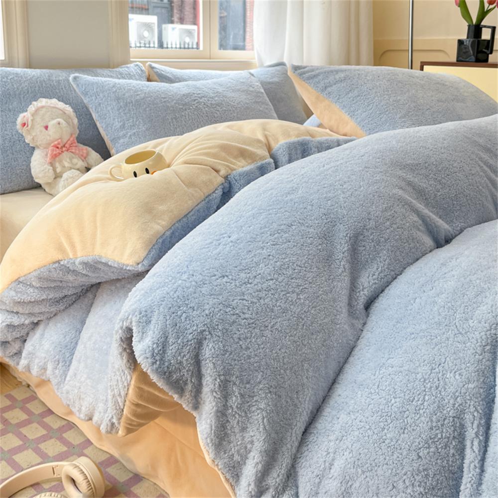 Solid Color Bedding Set Winter Thickened Warm Duvet Cover Pillowcase Four Piece Set Flannel Coral Fleece Bed Sheet Quilt Cover