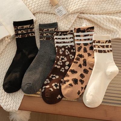 Kvinners knestrømper med leopardmønster, Høst- og Vinterkolleksjon, Klassiske og Allsidige Stripete Leopardmønstrede Lårhøye Sokker