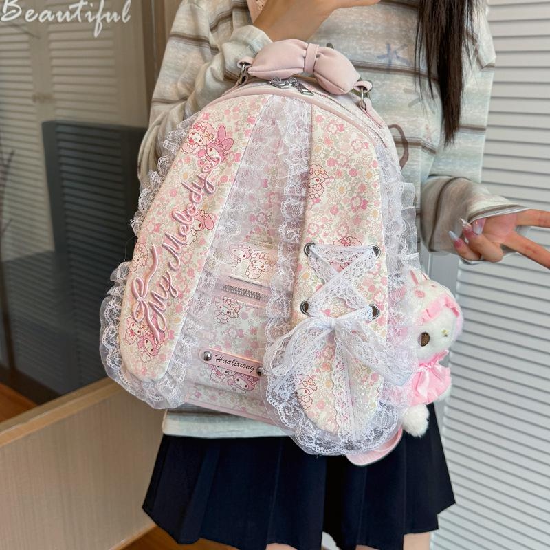 Schoolbag Bow Sweet Fashion Backpack Rabbit Ears Lace Design Commuter Backpack Cute Girly Heart ins School Bag