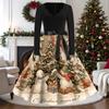 Women's Casual Vintage V-Neck Long Sleeve Dress with Christmas Print