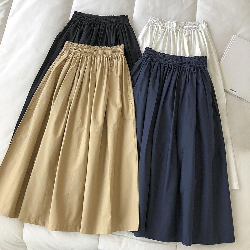 Damen Schwarz Rock Midi Hohe Taille Koreanischer Stil Falten A-Linie Vintage Kleidung Sommer Lässig Mode Damen Arbeitskleidung