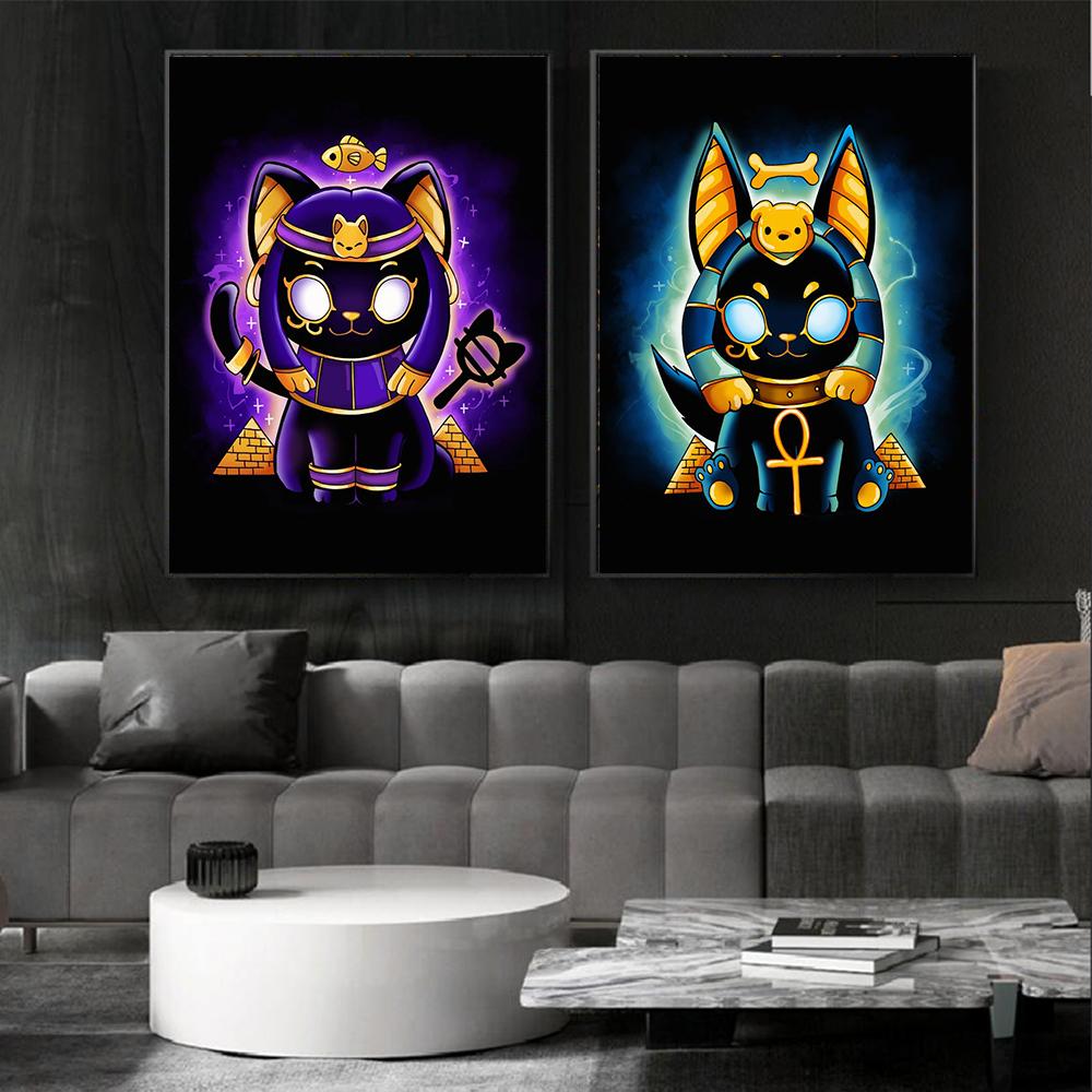 Cartoon Egyptian Mythology Anubis Bastet Print Poster Canvas Painting Modern Wall Art Picture For Living Room Bedroom Home Decor