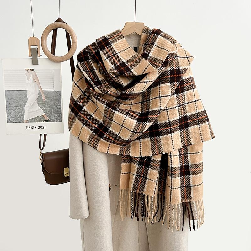 Autumn and Winter High-end Fashion Woven Plaid Scarf Sweet and Elegant Temperament Imitation Cashmere Warm Fringed Shawl
