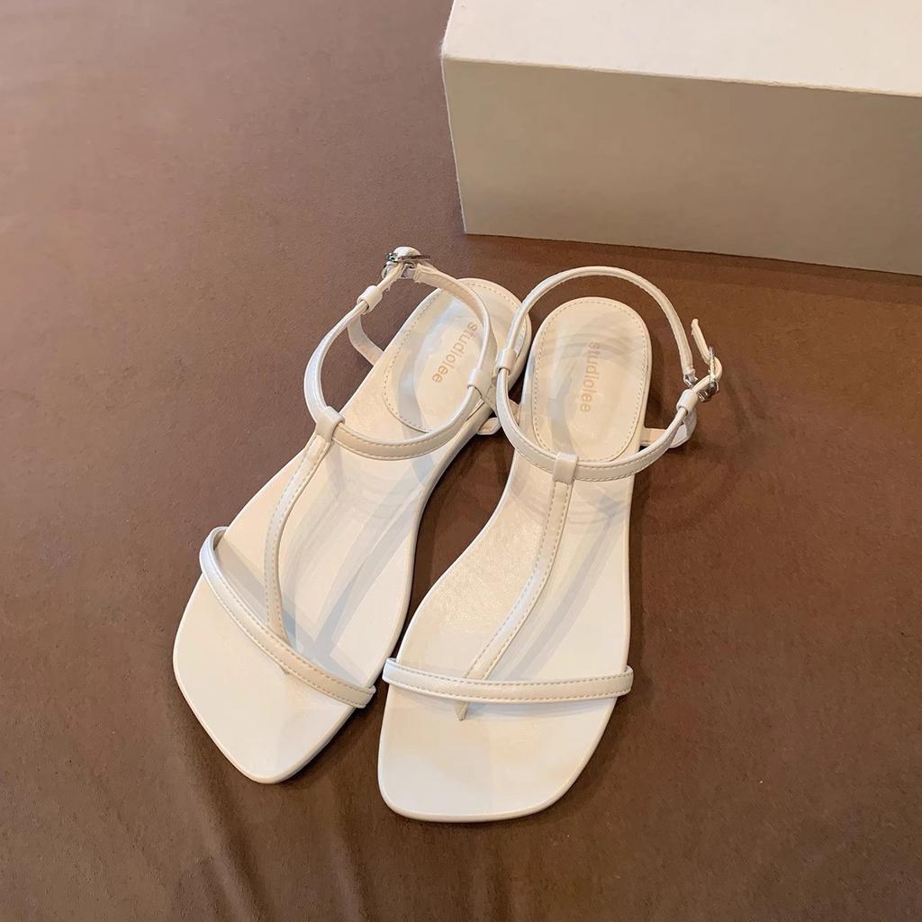 Sheepskin version~ Grape mother, the same fashionable diagonal cut square T-shaped belt leather toe versatile flat-soled sandals women's summer