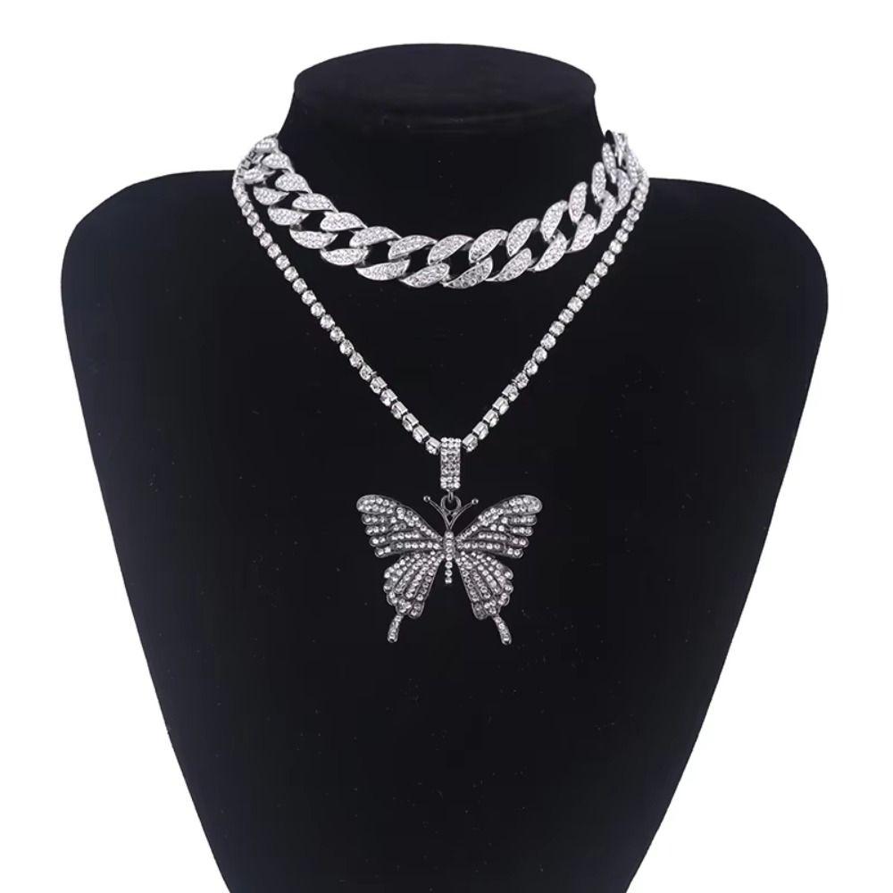 Rhinestone Bling Necklace Trendy Fashion Collars Necklace Butterfly Pendant Necklace for Women