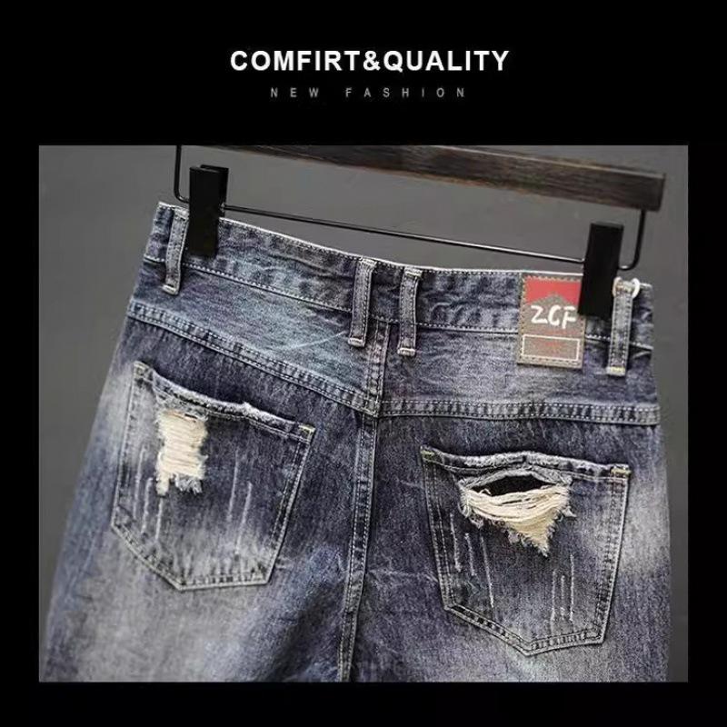 Men's Retro Japanese Style Ripped Denim Shorts - Summer Trend Straight Casual Mid-Length Pants