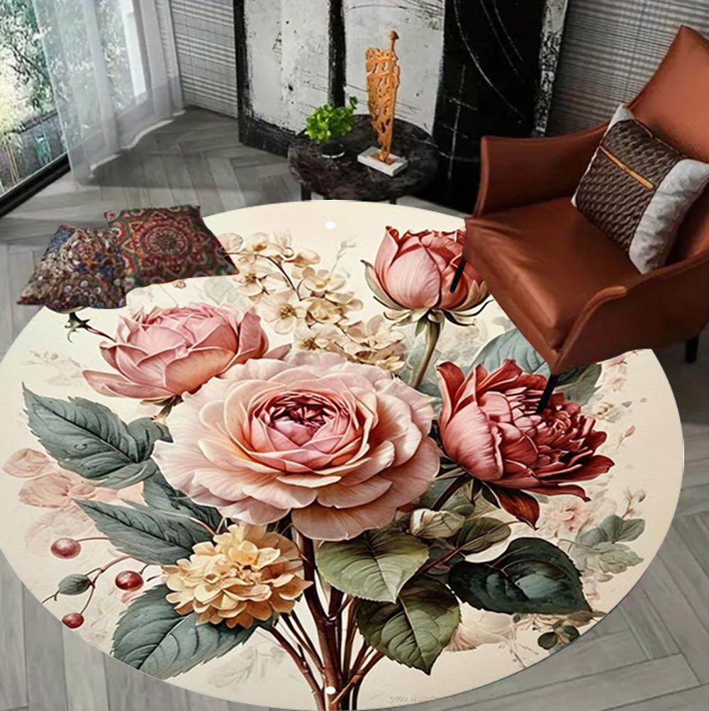 

Винтажный Круглый Ковер с Цветами Пионов для Помещений, Нескользящий Ковер для Спальни, Домашнего Офиса, Декор, Коврик для Пола 40X40CM