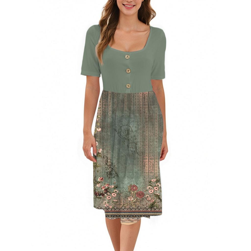 Mode Damen Sommer Vintage Blumenmuster Kleid Elegant Kurzarm Midi Kleid