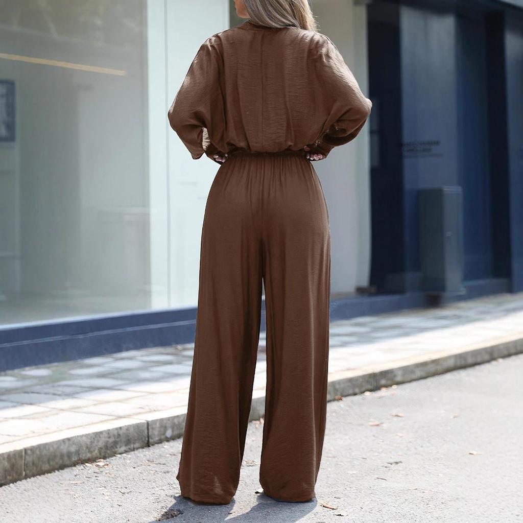 2026 Women's Solid Color Deep V-neck Top + Straight Leg Pants Two-piece Set - European and American Style, Loose Fit, Long Sleeve, Lightly Mature.