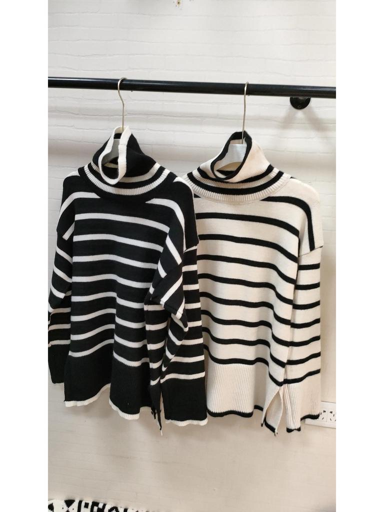 Women's High-Neck Striped Sweater - Japanese & Korean Style, Loose Fit Knit Top