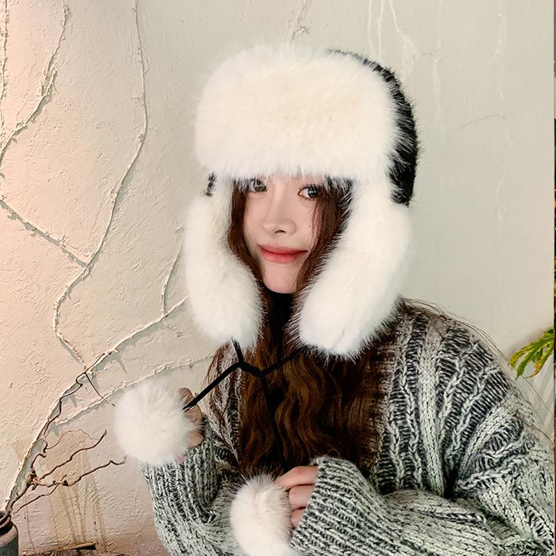 

Женская осенне-зимняя теплая утолщенная защитная шапка-ушанка из холодного меха и бархата, вязаная шапка-бомбер, милые милые шапки Lei Feng One Size чёрный