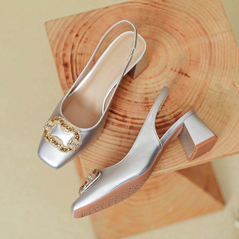 Baotou Sandals Women's Summer 2025 New One-word with Silver High Heels, Not Tired of Square Feet, Medium Thick Heels, Single Shoes