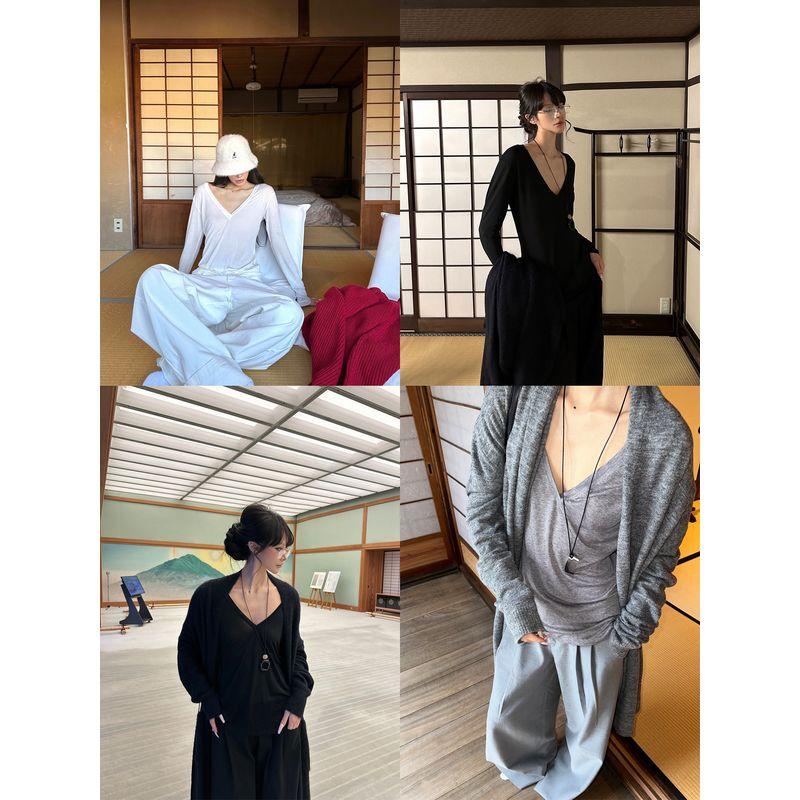 Women's V-neck Long Sleeves T-shirt Loose Temperament Slim Looking Lazy and Versatile Knitting Bottoming Shirt