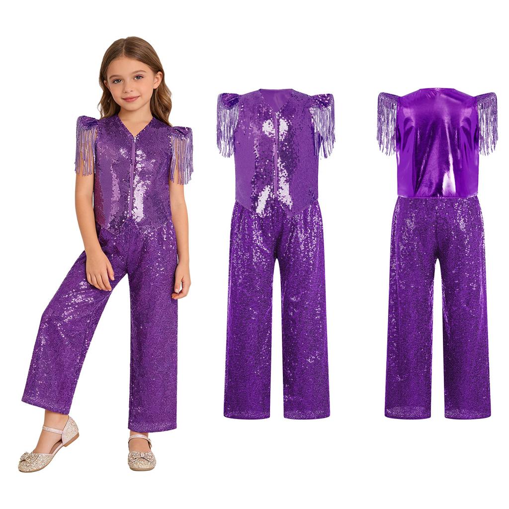 Kids Jazz Dance Costume Set Sequin Embellished Cap Sleeve V Neck Asymmetrical Hem Zip Vest with Elastic Waist Pants for Stage Competition