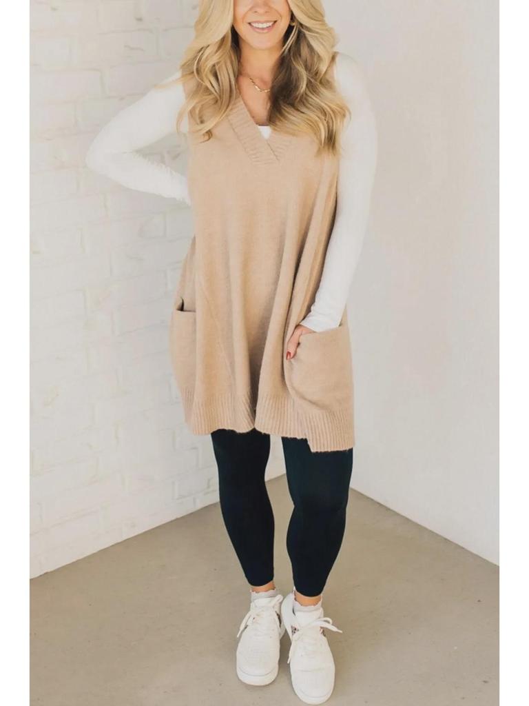 Herbst/Winter Einfarbiger V-Ausschnitt Taschen Strickweste Pullover 2025