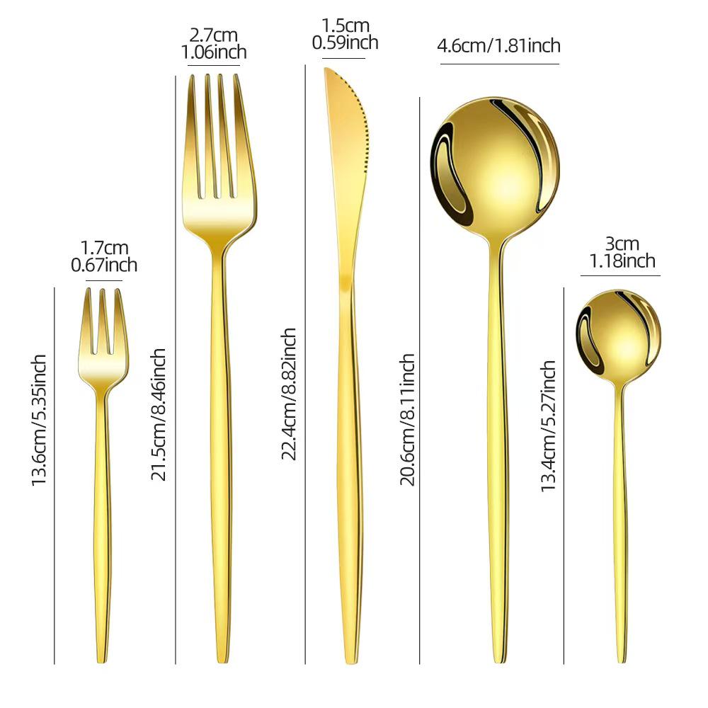 Set tacâmuri din oțel inoxidabil Portugal Gold, 24 de piese: Cuțit de Steak, Furculiță, Lingură de Hotel în Cutie Cadou
