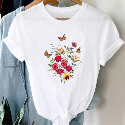 (Asian Size) Flower Lovely Summer Trend Cute Women Print Tee Top Fashion T Shirt Clothing Casual Short Sleeve Lady Female Graphic T-shirt