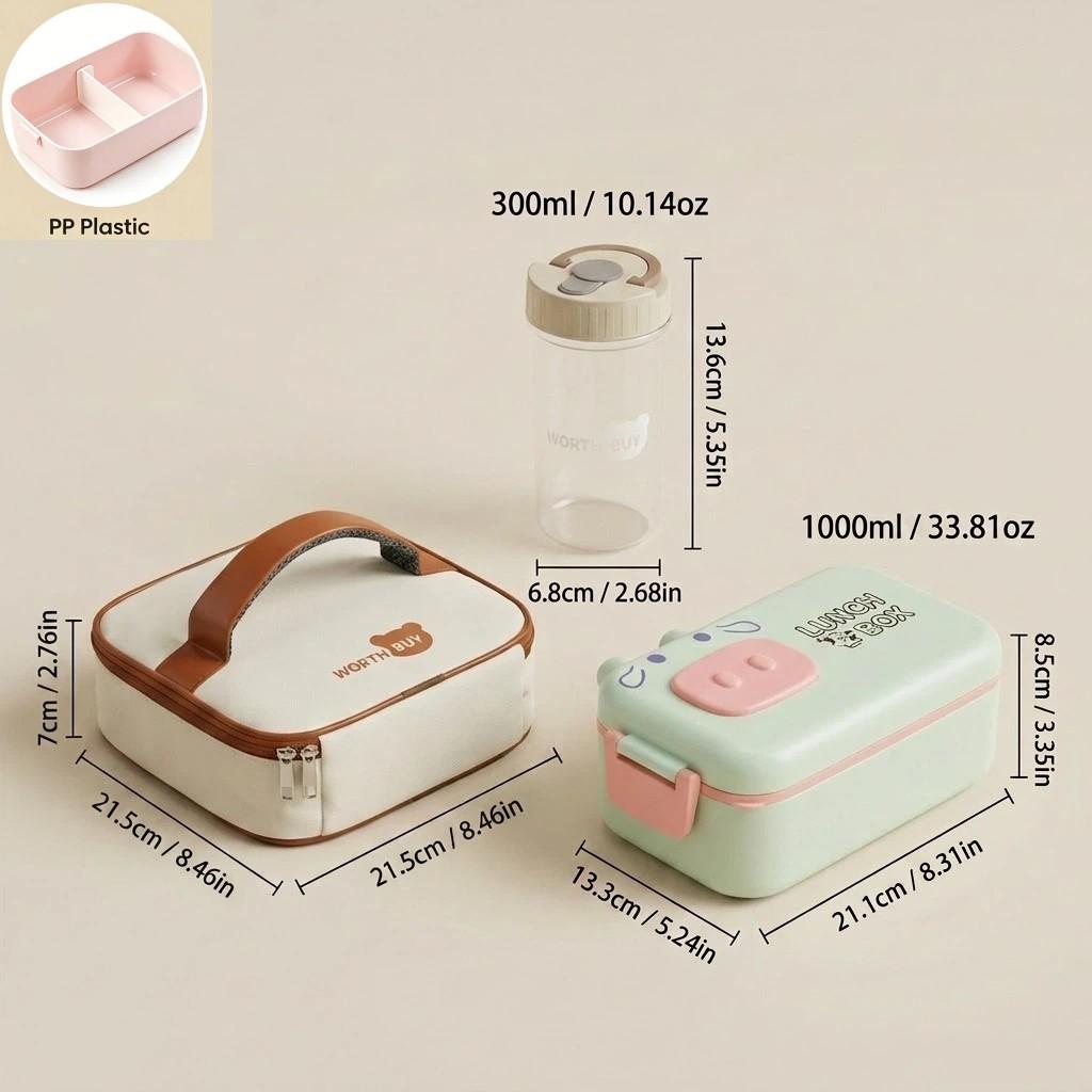 Animal Bento Box Plastic Lunch Box for Kids School Leakproof Microwavable Food Storage Containers with Compartments & Cutlery