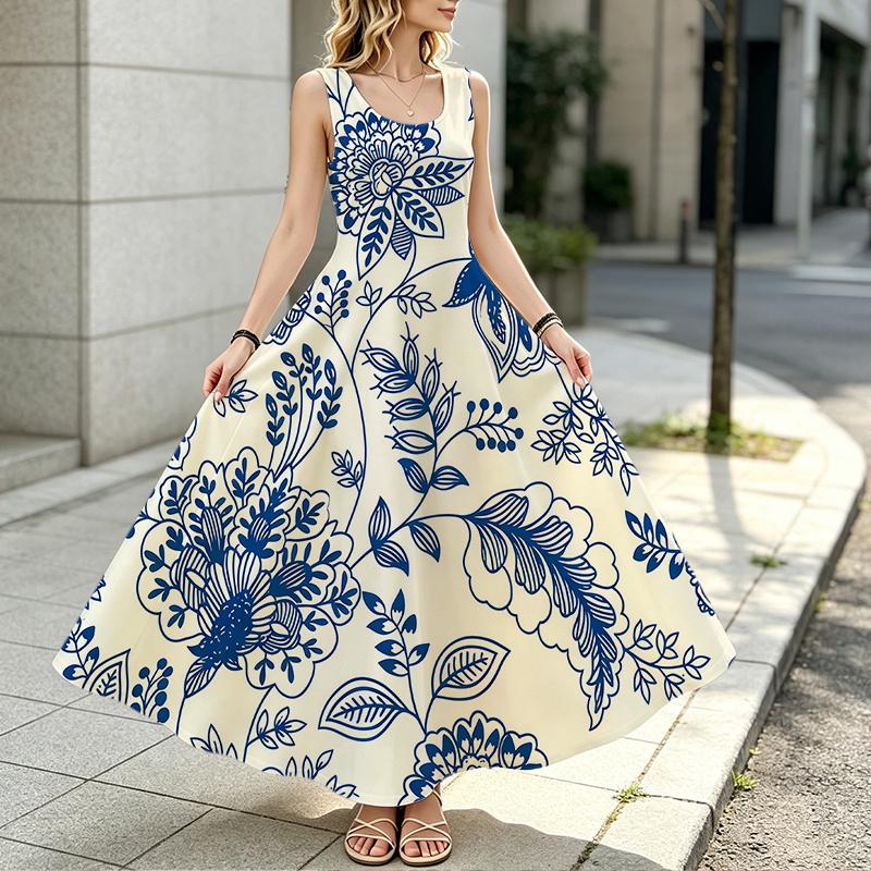 Urban Casual Floral Sleeveless Floor-Length Dress,Fresh Blue & White Lightweight Flowy,Stylish for Daily,Party,Travel