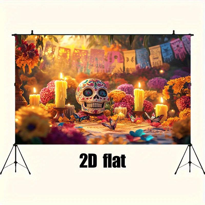 1 Piece of 2D Background Cloth "Colorful Day of the Dead Theme Background Cloth, Sugar Skull and Flower Candlelight.