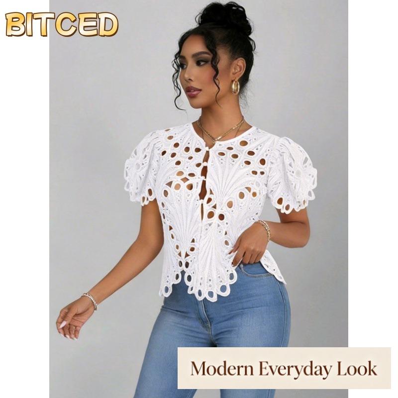 BITCED Women's Fashion Casual Solid Color Print Short Sleeve V Neck Blouses & Shirts