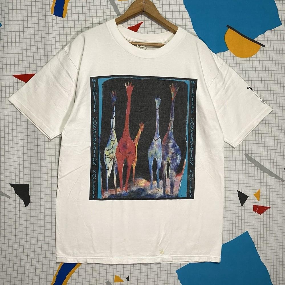 Vintage 90s Wildlife Graphic Tee Nature Conservation Giraffe Art Large Unisex T-Shirt M