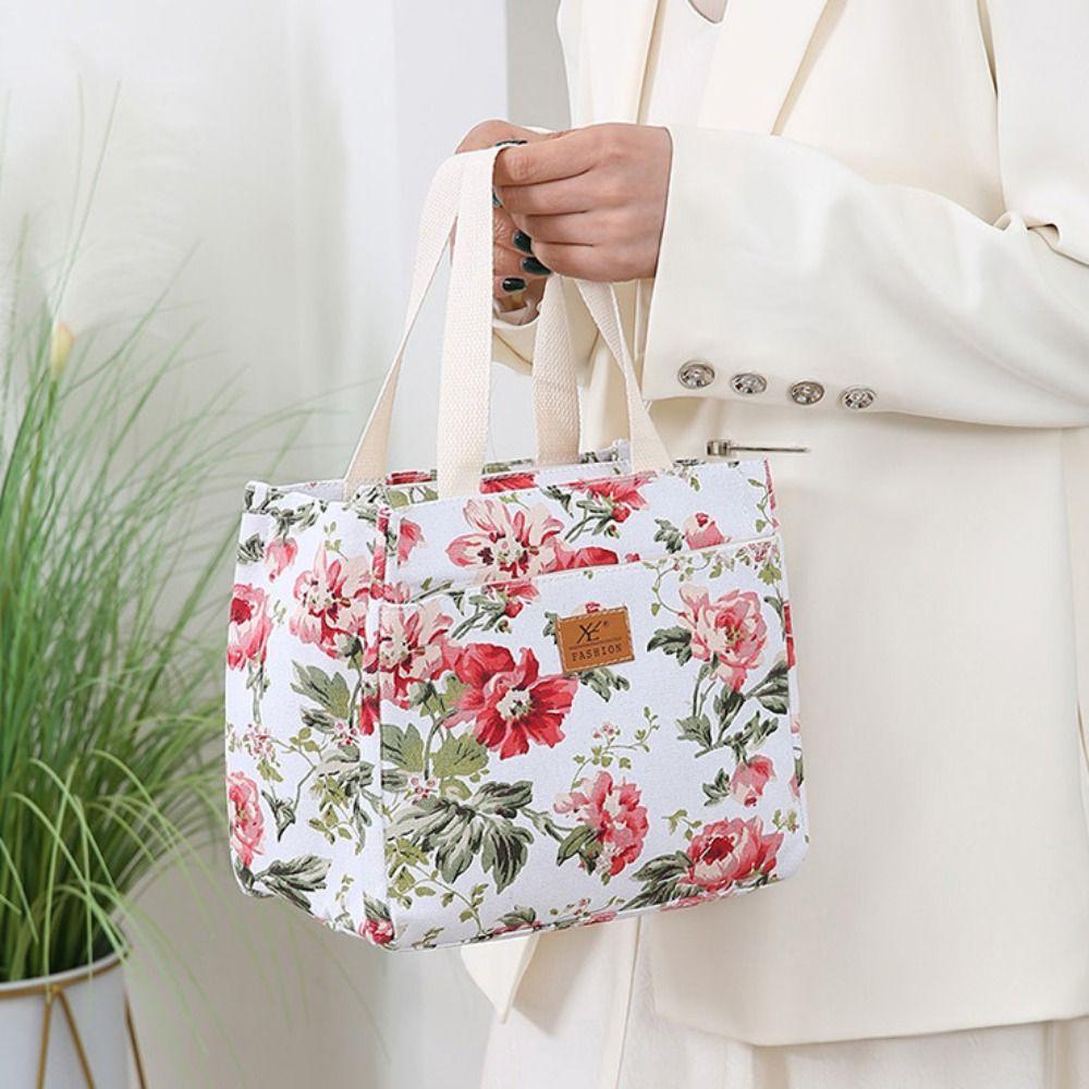 Portable Insulated Floral Print Lunch Bag Zippered Foil Lining Handbag Japanese Style Large Capacity Tote Bag Outddor