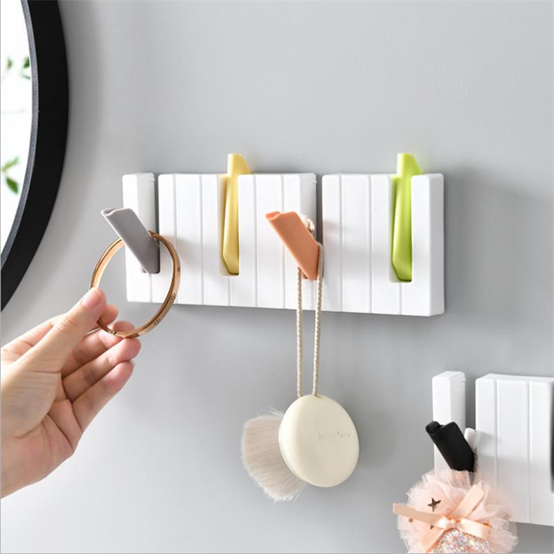 Piano Key Shaped Foldable Hook Adhesive 4 Hooks Clothes Hat Scarf Hanging Rack Household Wall Decorative Hook