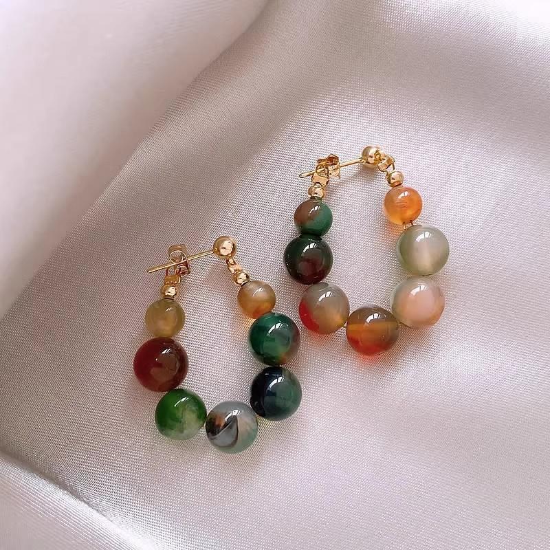 A Pair of Retro Elegant Smart Colored Agate Beaded Drop Earrings for Women
