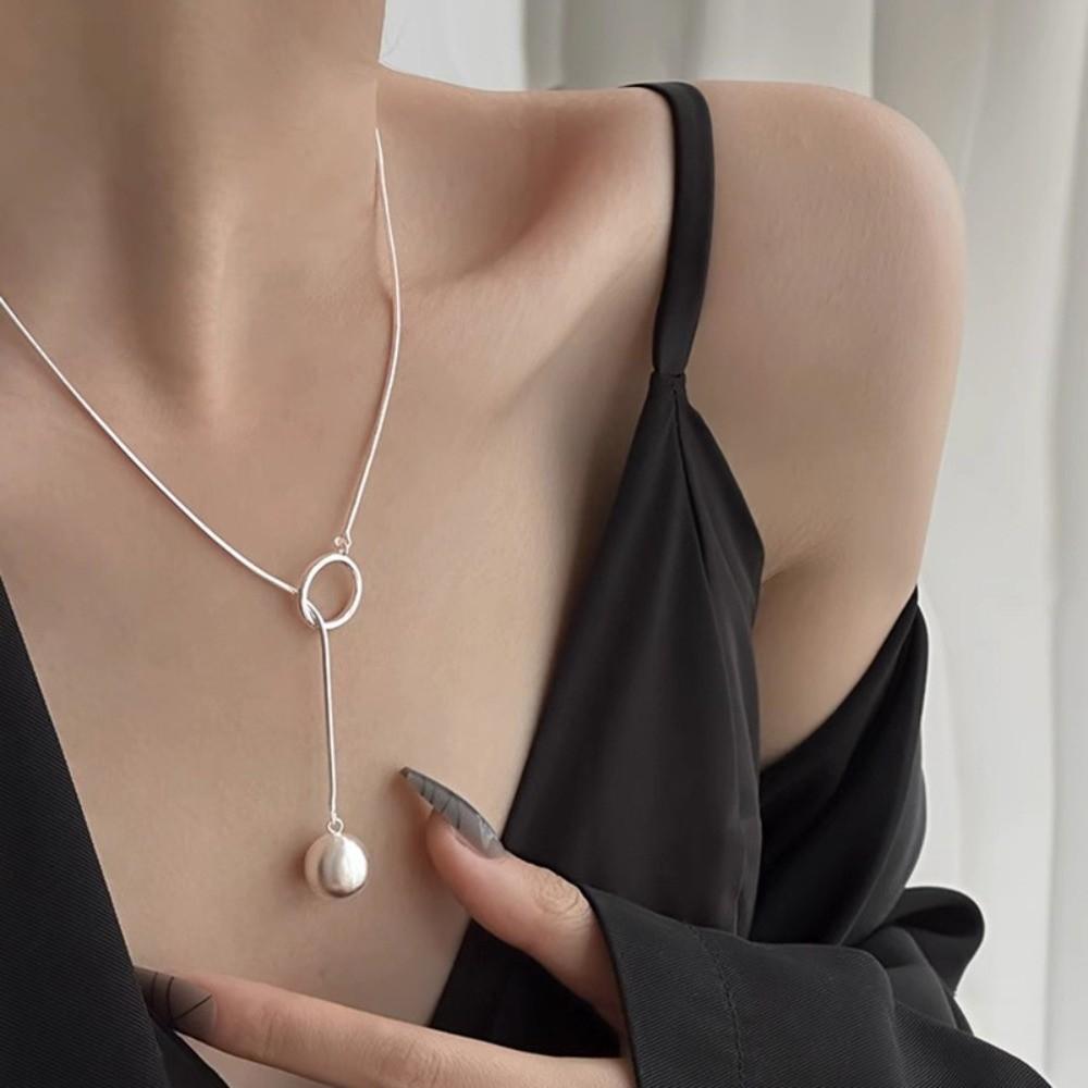 Geometric Shape Brushed Round Ball Necklace Minimalist Silver Bead Necklace  Daily Wear