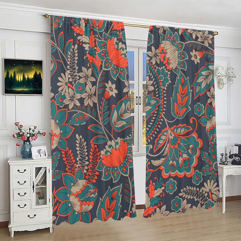 2Pcs- Vintage flower - Printed curtain - Polyester material - suitable for family bedroom curtain and living room decoration