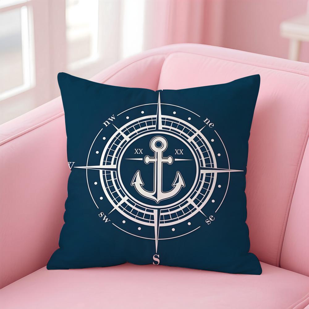 Ocean Blue Compass with Anchor Cushion Cover Pillow Case Soft Skin Friendly Fabric  Concealed Zipper
