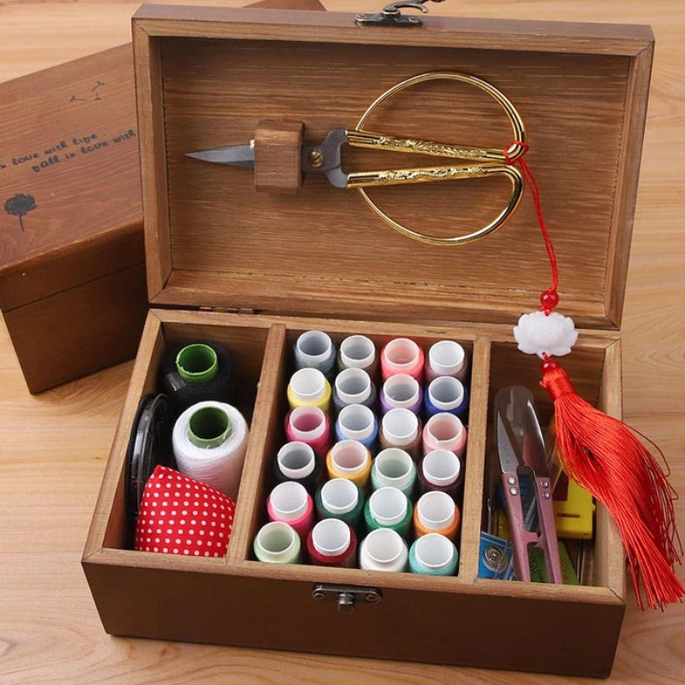 Vintage Sewing Box Pine Wooden Sewing Storage Box Sewing Organizer Needle Thread Storage Case  Home