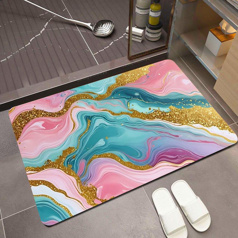 Blue Pink Gold Fluid Marble Bath Rug Luxurious Agate Swirl Pattern Non-Slip Quick Dry Floor Cover