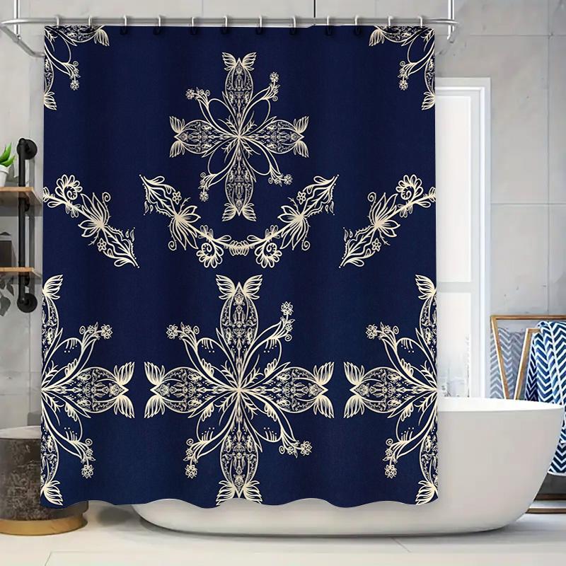 

White Floral Shower Curtain Dark Navy Blue Polyester Waterproof Bath Decorative Home Accessories Decoration 90x180cm