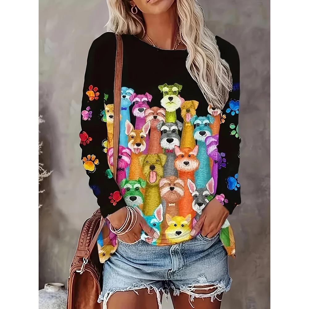 

Забавная женская повседневная и удобная футболка с круглым вырезом и длинными рукавами с 3D-цифровым принтом животных 5XL