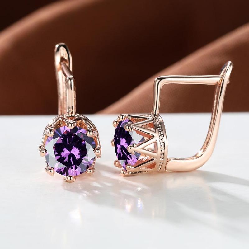 Rose Gold Color Round Cut Pink Red Blue Rainbow Birthstone Drop Dangle Earrings Eight Claw Stud Hook Earrings Jewelry