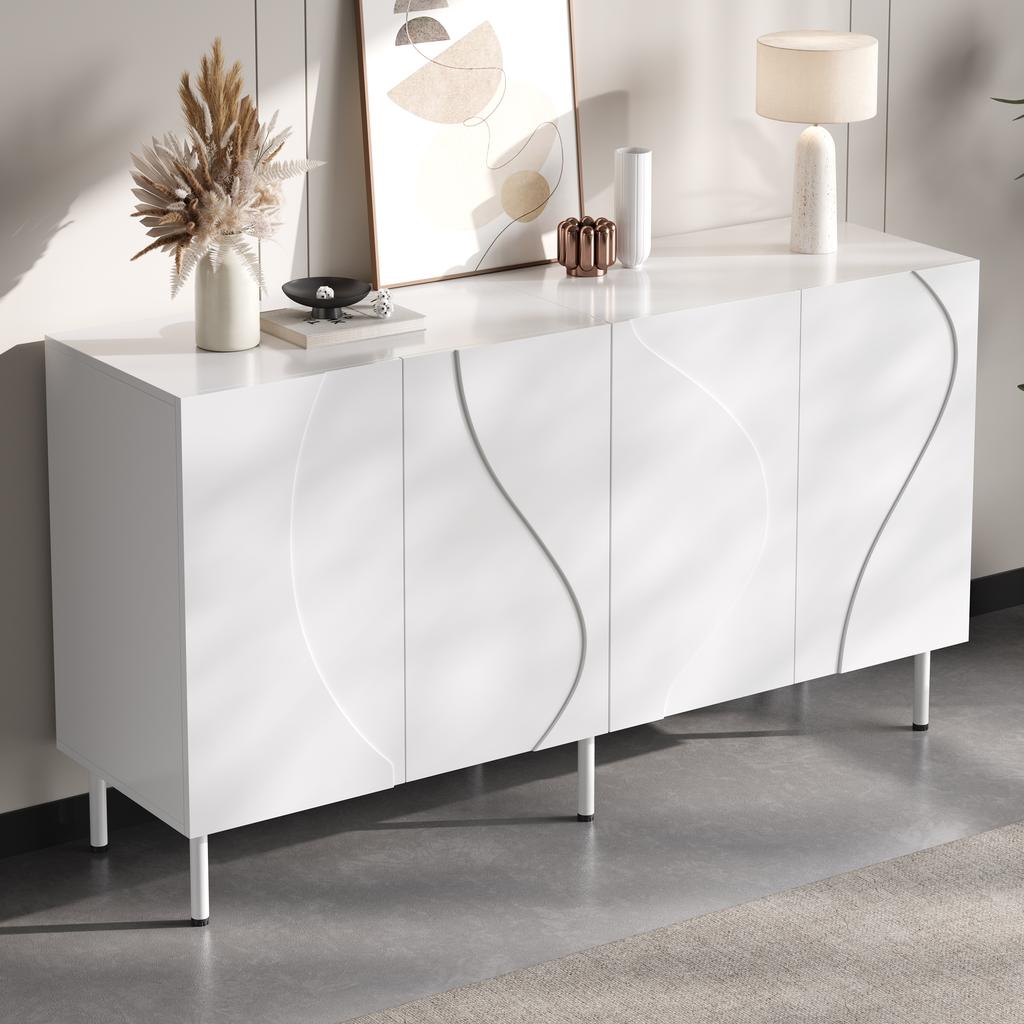 Modern sideboard with 3D curved doors, handleless design, living room hallway storage, made of PB and MDF, metal legs
