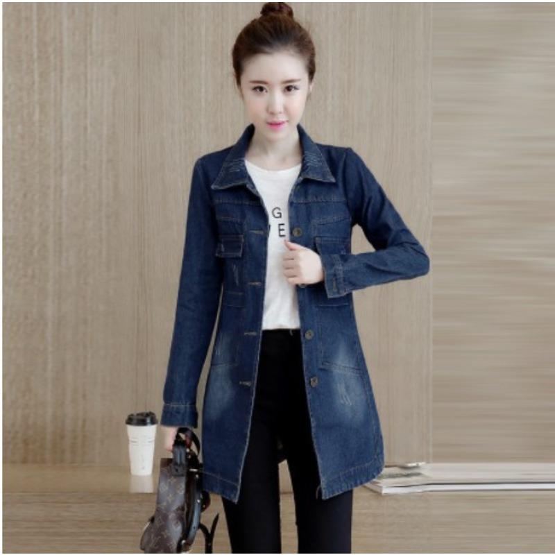 

women s Solid Color Point Collar Long Sleeve Slim Fit Mid‑Length Denim Jacket Casual Single Breasted Outerwear Coat 5XL темно-синього кольору