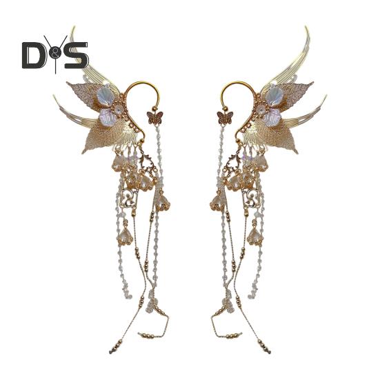 

1 пара женских сережек, каффы для ушей в виде сказочного плавника русалки, украшение в виде крыла бабочки на Хэллоуин, Рождество, косплей, свадьбы, украшения для ушей, крылышки феи золотистый