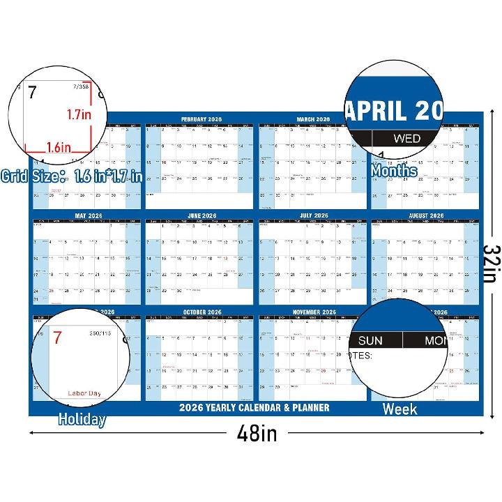32" X 48" 2026 Wall Calendar Large Dry Erase Calendar for Wall Erasable Laminated 12 Month Wall Planner Yearly Annual Calendar Reversible