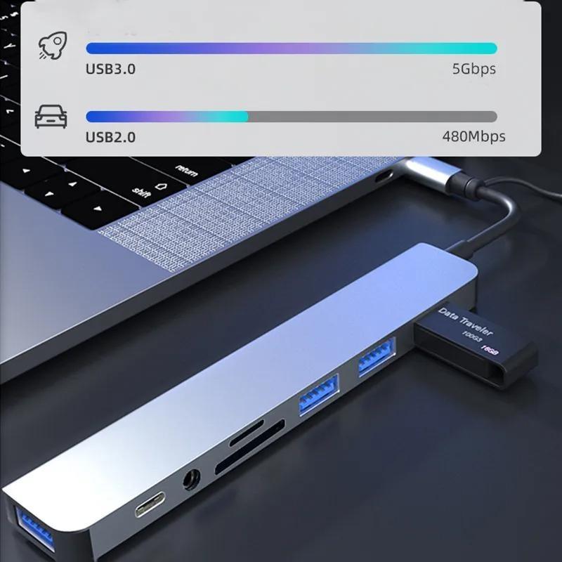8 In 2  Type C Docking Station USB Splitter Adaptor USB C Hub 5Gbps High Speed Transmission USB 3.0 2.0 3.5 Audio Jack SD/TF Card Reader OTG Adapter